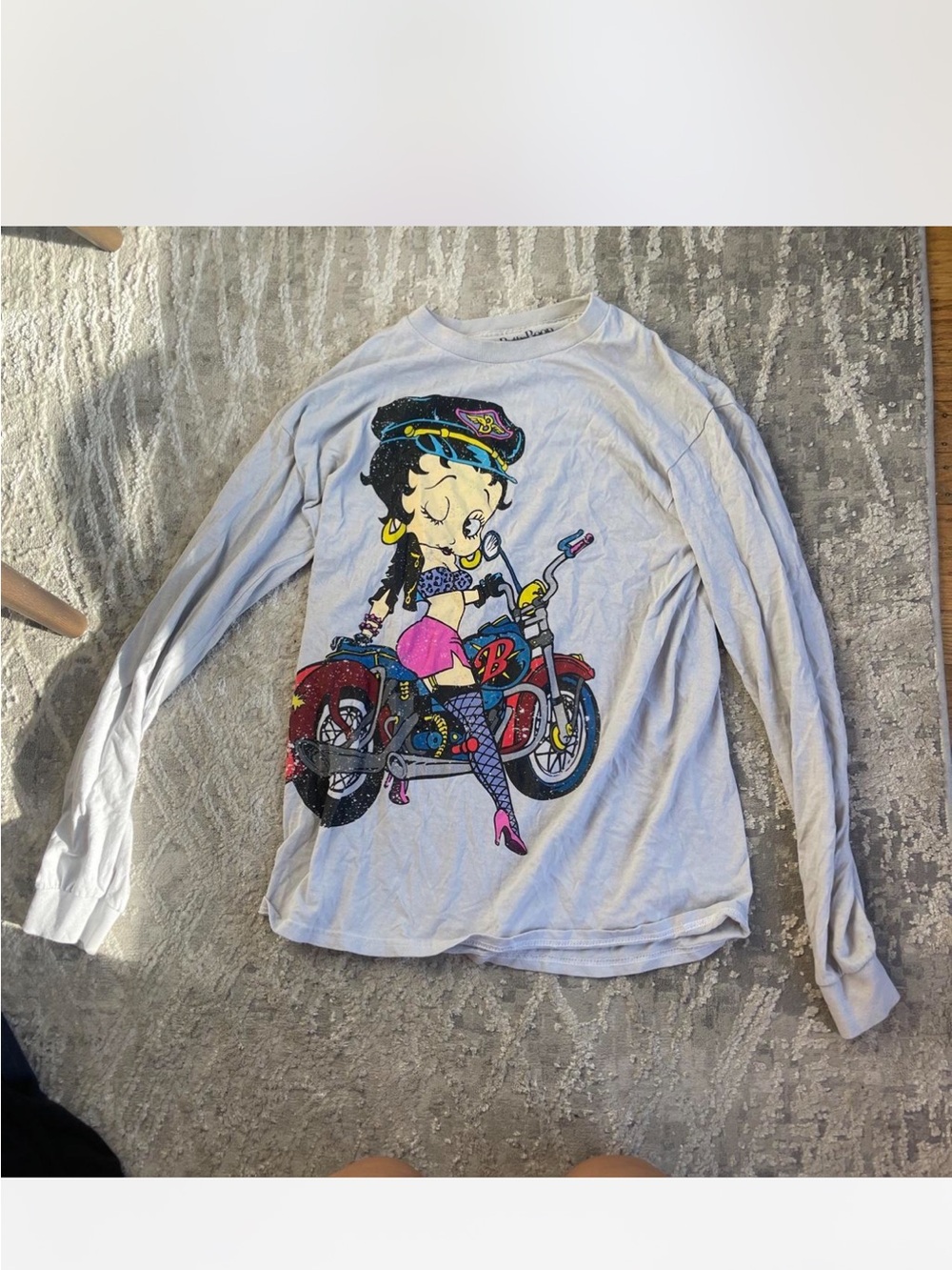 Betty Boop White Long-Sleeve Tee with Colorful Motorcycle Graphic